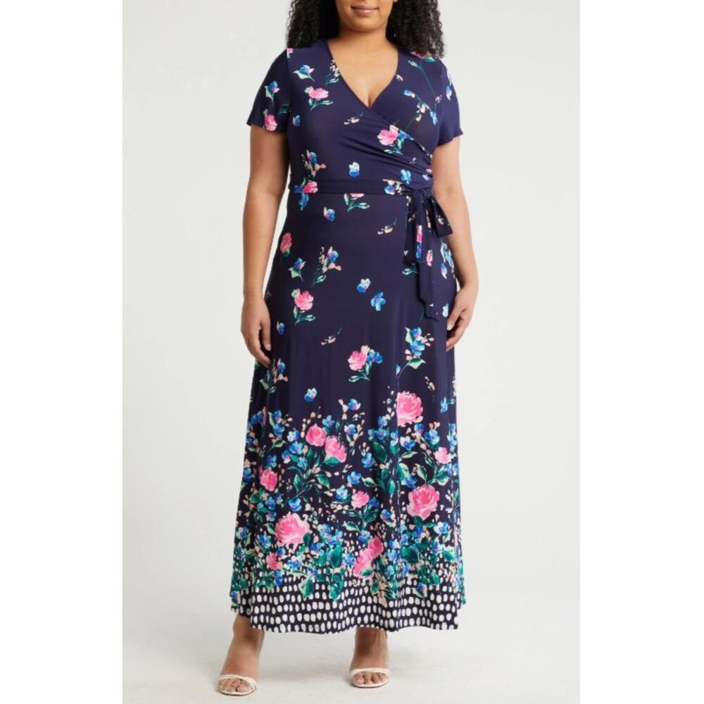 Eliza J EJ2-9795 Maxi Dress Size 16 Navy Pink Floral Faux Wrap Wedding Guest